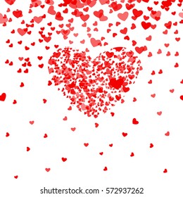 Romantic pink heart background. Vector illustration for holiday design. Many flying hearts on white pattern. For wedding card, valentine's day greetings, lovely frame.
