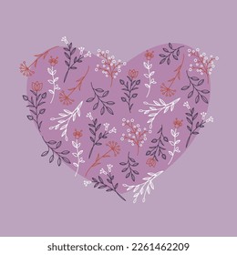 Romantic pink heart with stroke herbs