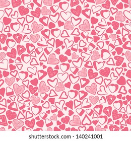 Romantic pink hearts background, different hearts seamless pattern, vector illustration.