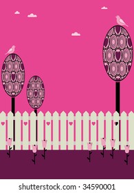 romantic pink landscape background with trees, birds, fence and flowers