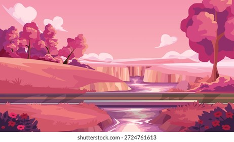 Romantische rosafarbene Landschaft, Vektorgrafik mit einer asphaltierten Straßenbrücke über einen Fluss. Umgeben von Bäumen und Blumen. Herzförmige Wolke. Schöne Valentinstag Szenerie Hintergrund.