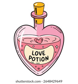 Romantic pink love potion in heart shaped bottle isolated vector illustration on white background