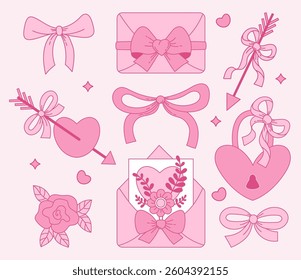 Romantic Pink love symbol Collection. Vintage Coquette Ribbon Bow, letters, heart, arrow amour, Padlock and flower. Girly Vibe. Vector illustration. Isolated Trendy Aesthetic accessories Valentine Day