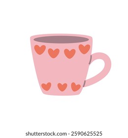 Romantic Pink Mug with Hearts. Cute Valentine’s Day Concept. Cozy Coffee Cup Illustration. Pastel Love-Themed Design