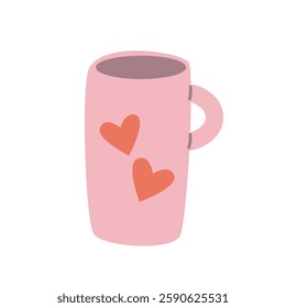 Romantic Pink Mug with Hearts. Cute Valentine’s Day Concept. Cozy Coffee Cup Illustration. Pastel Love-Themed Design