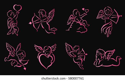 Romantic Pink Neon Cupid Valentine Silhouette Symbol Set