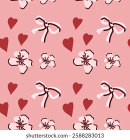 Romantic pink pattern with bows, flowers, and hearts on a soft background.