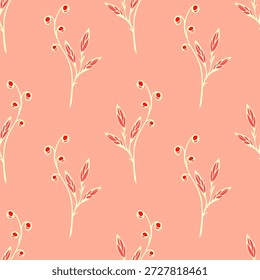 Romantisches rosa Muster mit dekorativem Motiv aus Zweigen, Blättern und Beeren, Ornament Doodle Design. Textil, pastellfarbener Hintergrund, Tapete.