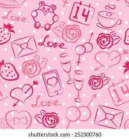 Romantic pink pattern with symbols of love. Done with clipping mask. Vector pattern can be used for web design, holiday cards and gifts or other crafts.