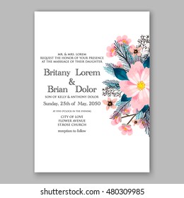 Romantic pink peony bouquet bride wedding invitation template design. Winter Christmas wreath of pink flowers and pine and fir branches.