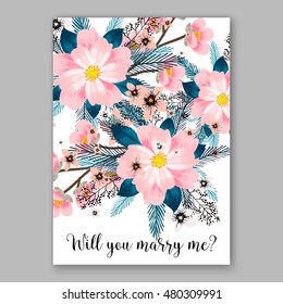 Romantic pink peony bouquet bride wedding invitation template design. Winter Christmas wreath of pink flowers and pine and fir branches.