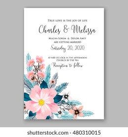 Romantic pink peony bouquet bride wedding invitation template design. Winter Christmas wreath of pink flowers and pine and fir branches.