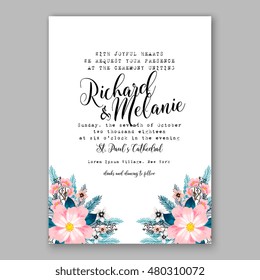 Romantic pink peony bouquet bride wedding invitation template design. Winter Christmas wreath of pink flowers and pine and fir branches.