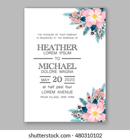 Romantic pink peony bouquet bride wedding invitation template design. Winter Christmas wreath of pink flowers and pine and fir branches.