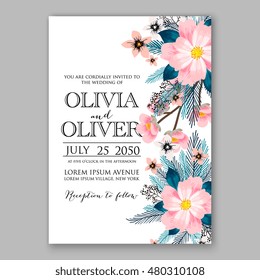 Romantic pink peony bouquet bride wedding invitation template design. Winter Christmas wreath of pink flowers and pine and fir branches.