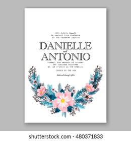 Romantic pink peony bouquet bride wedding invitation template design. Winter Christmas wreath of pink flowers and pine and fir branches.