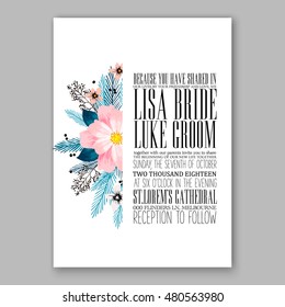 Romantic pink peony bouquet bride wedding invitation template design. Winter Christmas wreath of pink flowers and pine and fir branches. Ribbon