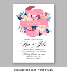 Romantic pink peony bouquet bride wedding invitation template design. Winter Christmas wreath of pink flowers and pine and fir branches. Ribbon