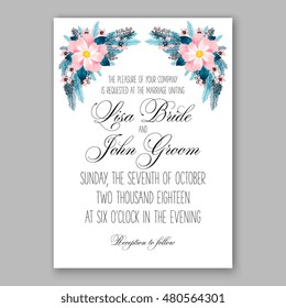 Romantic pink peony bouquet bride wedding invitation template design. Winter Christmas wreath of pink flowers and pine and fir branches. Ribbon