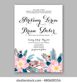 Romantic pink peony bouquet bride wedding invitation template design. Winter Christmas wreath of pink flowers and pine and fir branches. Ribbon