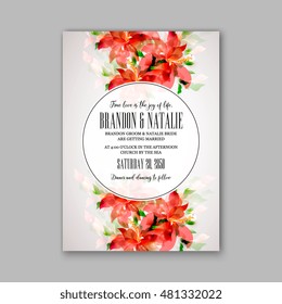 Romantic pink peony bouquet bride wedding invitation template design. Winter Christmas wreath of pink flowers and pine and fir branches. Ribbon