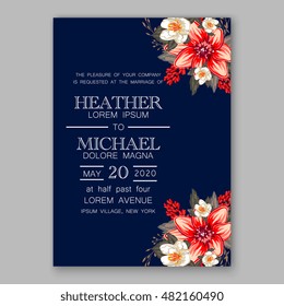 Romantic pink peony bouquet bride wedding invitation template design. Winter Christmas wreath of pink flowers and pine and fir branches. Ribbon