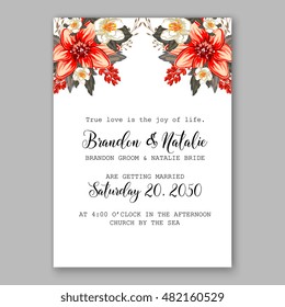 Romantic pink peony bouquet bride wedding invitation template design. Winter Christmas wreath of pink flowers and pine and fir branches. Ribbon