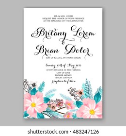 Romantic pink peony bouquet bride wedding invitation template design. Winter Christmas wreath of pink flowers and pine and fir branches