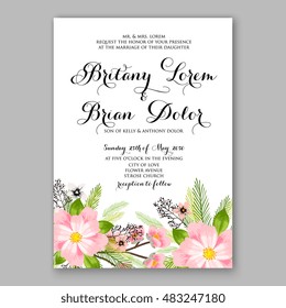 Romantic pink peony bouquet bride wedding invitation template design. Winter Christmas wreath of pink flowers and pine and fir branches