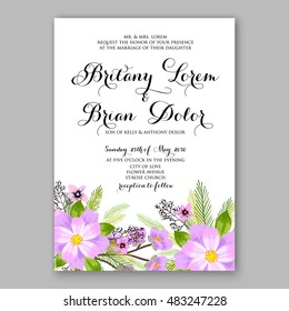 Romantic pink peony bouquet bride wedding invitation template design. Winter Christmas wreath of pink flowers and pine and fir branches