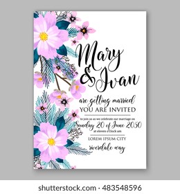 Romantic pink peony bouquet bride wedding invitation template design. Winter Christmas wreath of pink flowers and pine and fir branches