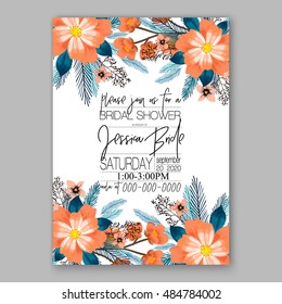 Romantic pink peony bouquet bride wedding invitation template design. Winter Christmas wreath of pink flowers and pine and fir branches
