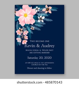 Romantic pink peony bouquet bride wedding invitation template design. Winter Christmas wreath of pink flowers and pine and fir branches. Ribbon