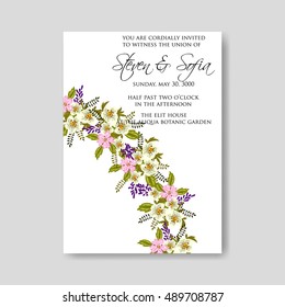 Romantic pink peony bouquet bride wedding invitation template design. Winter Christmas wreath of pink flowers and pine and fir branches.