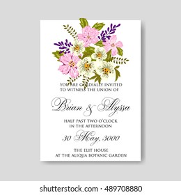 Romantic pink peony bouquet bride wedding invitation template design. Winter Christmas wreath of pink flowers and pine and fir branches.