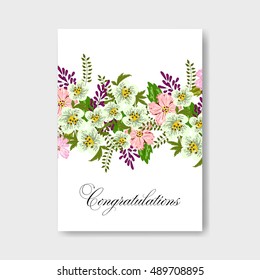 Romantic pink peony bouquet bride wedding invitation template design. Winter Christmas wreath of pink flowers and pine and fir branches.