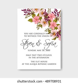 Romantic pink peony bouquet bride wedding invitation template design. Winter Christmas wreath of pink flowers and pine and fir branches.