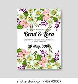 Romantic pink peony bouquet bride wedding invitation template design. Winter Christmas wreath of pink flowers and pine and fir branches.