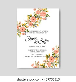 Romantic pink peony bouquet bride wedding invitation template design. Winter Christmas wreath of pink flowers and pine and fir branches.