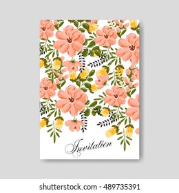 Romantic pink peony bouquet bride wedding invitation template design. Winter Christmas wreath of pink flowers and pine and fir branches.