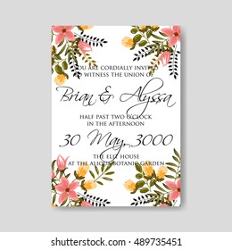 Romantic pink peony bouquet bride wedding invitation template design. Winter Christmas wreath of pink flowers and pine and fir branches.