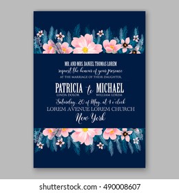 Romantic pink peony bouquet bride wedding invitation template design. Winter Christmas wreath of pink flowers and pine and fir branches. Ribbon mason jar