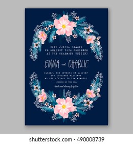 Romantic pink peony bouquet bride wedding invitation template design. Winter Christmas wreath of pink flowers and pine and fir branches. Ribbon mason jar