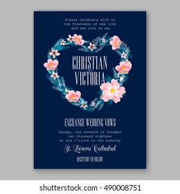 Romantic pink peony bouquet bride wedding invitation template design. Winter Christmas wreath of pink flowers and pine and fir branches. Ribbon mason jar