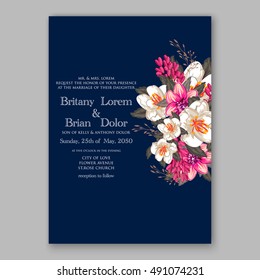 Romantic pink peony bouquet bride wedding invitation template design. Winter Christmas wreath of pink flowers and pine and fir branches