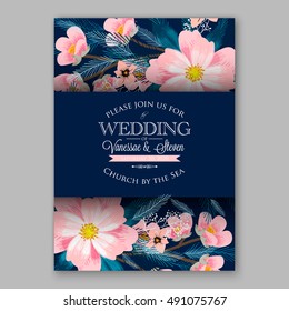 Romantic pink peony bouquet bride wedding invitation template design. Winter Christmas wreath of pink flowers and pine and fir branches.