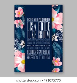 Romantic pink peony bouquet bride wedding invitation template design. Winter Christmas wreath of pink flowers and pine and fir branches.