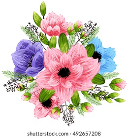 Romantic pink peony bouquet bride wedding invitation template design. Winter Christmas wreath of pink flowers and pine and fir branches