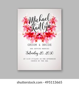 Romantic pink peony bouquet bride wedding invitation template design. Winter Christmas wreath of pink flowers and pine and fir branches. Ribbon mason jar