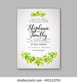 Romantic pink peony bouquet bride wedding invitation template design. Winter Christmas wreath of pink flowers and pine and fir branches. Ribbon mason jar